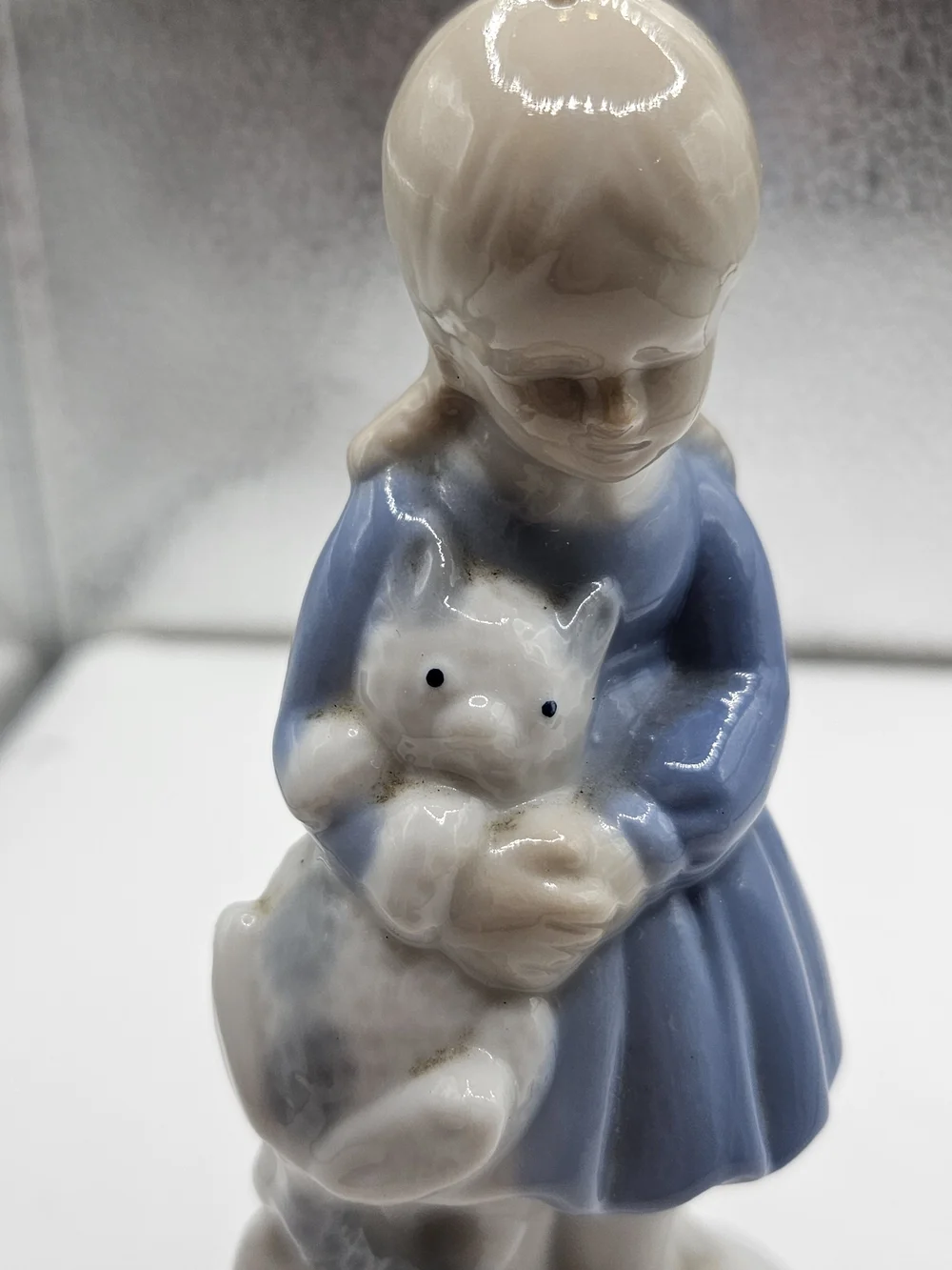 Porcelain Girl Figurine Holding Kitten Cat - Blue Dress